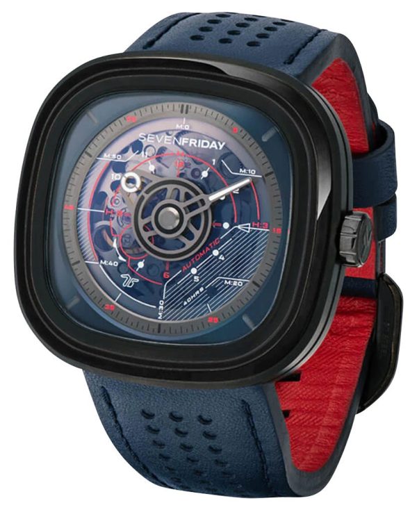 SEVENFRIDAY T-Series Automatic Black PVD Blue Skeleton Dial Blue Leather Strap Mens Watch T3 03 Discount