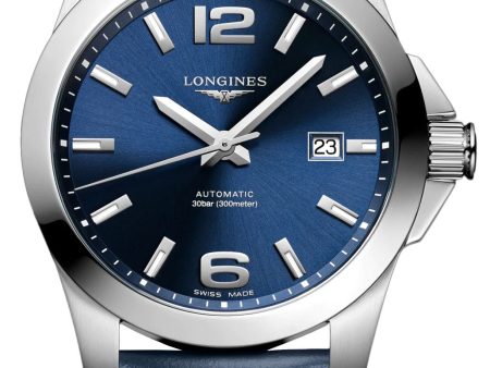 Longines Conquest Automatic Stainless Steel Blue Dial Blue Leather Strap Date Divers Mens Watch L3.777.4.99.0 For Cheap