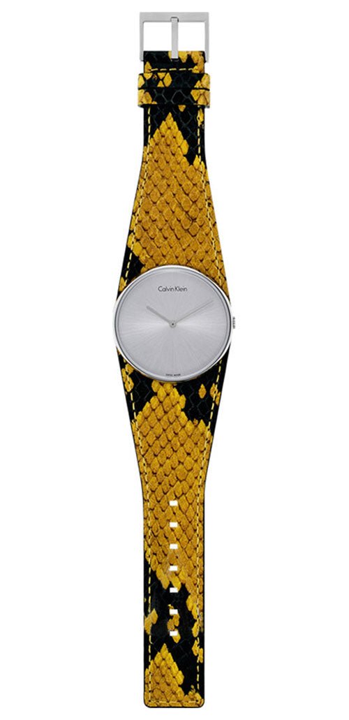 Calvin Klein Spellbound Yellow and Black Leather Silver Dial Quartz Womens Watch K2E23626 Online Hot Sale