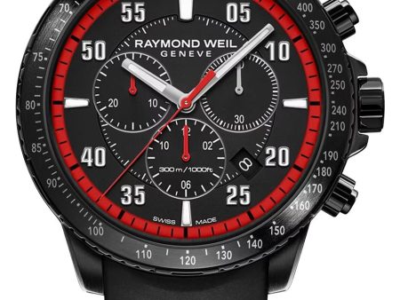 Raymond Weil Tango Chronograph Black PVD Black Red Dial Black Rubber Strap Date Divers Quartz Mens Watch 8570-BKR-05240 on Sale