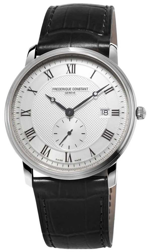 Frederique Constant Slimline Silver Dial Date Black Leather Strap Quartz Mens Watch FC-245M5S6 For Sale