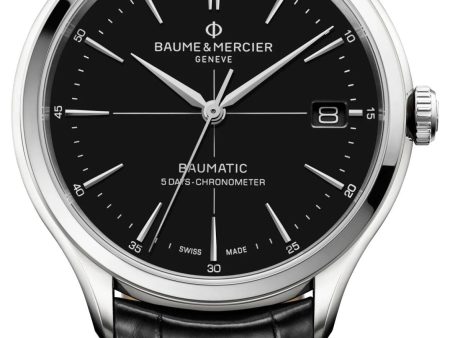 Baume & Mercier Clifton Baumatic COSC Automatic Black Dial Black Leather Strap Date Mens Watch M0A10692 Discount