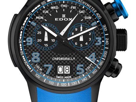 Edox Chronorally Chronograph Black PVD Titanium Black Dial Blue Rubber Strap Day Date Quartz Mens Watch 38001-TINNBU3-NIBU3 For Cheap