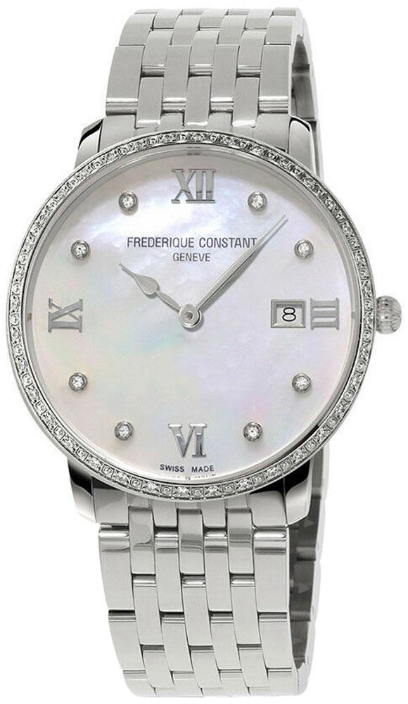 Frederique Constant Slimline Stainless Steel Mother-of-Pearl Dial Diamonds Date Quartz Womens Watch FC-220MPWD3SD6B Online Hot Sale