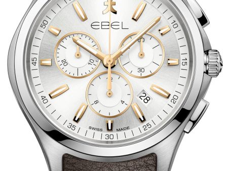 Ebel Wave Chronograph Stainless Steel Brown Leather Strap Silver Dial Date Quartz Mens Watch 1216341 on Sale