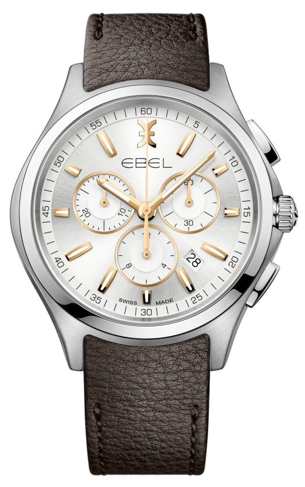 Ebel Wave Chronograph Stainless Steel Brown Leather Strap Silver Dial Date Quartz Mens Watch 1216341 on Sale