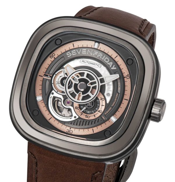 SEVENFRIDAY P-Series Automatic Gunmetal PVD Black Skeleton Dial Brown Leather Strap Mens Watch P2C 01 Online Hot Sale