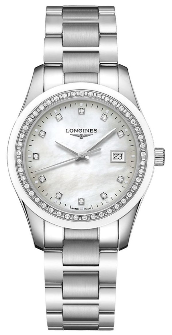 Longines Conquest Classic Stainless Steel Mother-Of-Pearl Dial Diamonds Date Womens Watch L2.387.0.87.6 For Cheap