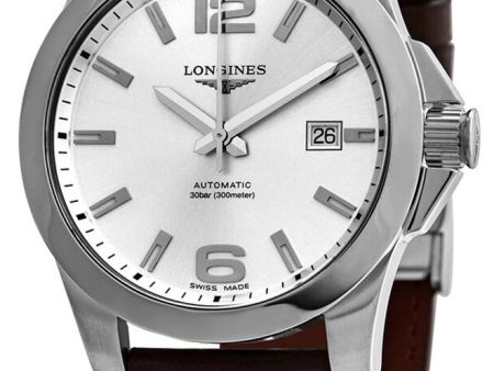 Longines Conquest Automatic Stainless Steel Silver Dial Brown Leather Strap Date Divers Mens Watch L3.777.4.76.5 For Cheap