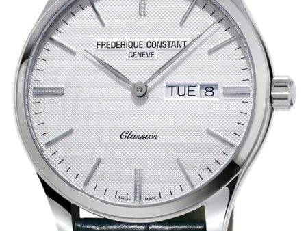 Frederique Constant Classics Stainless Steel Silver Dial Black Leather Strap Day Date Quartz Mens Watch FC-225ST5B6 Cheap