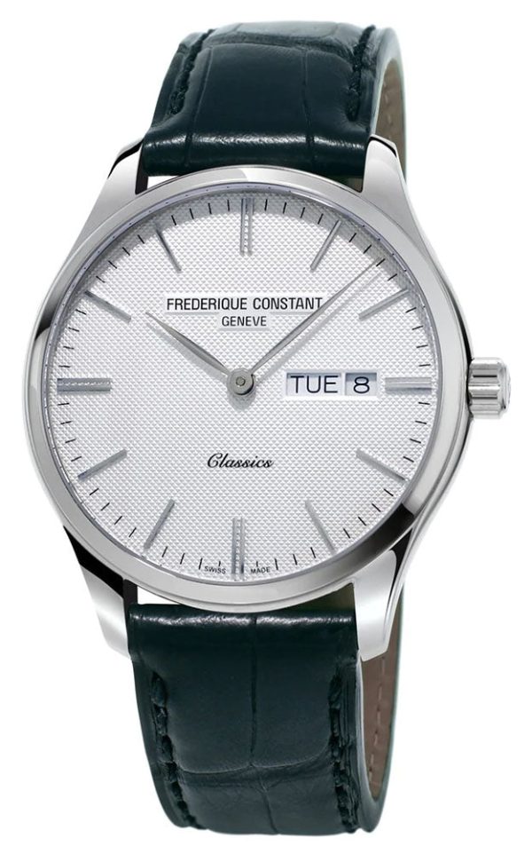 Frederique Constant Classics Stainless Steel Silver Dial Black Leather Strap Day Date Quartz Mens Watch FC-225ST5B6 Cheap