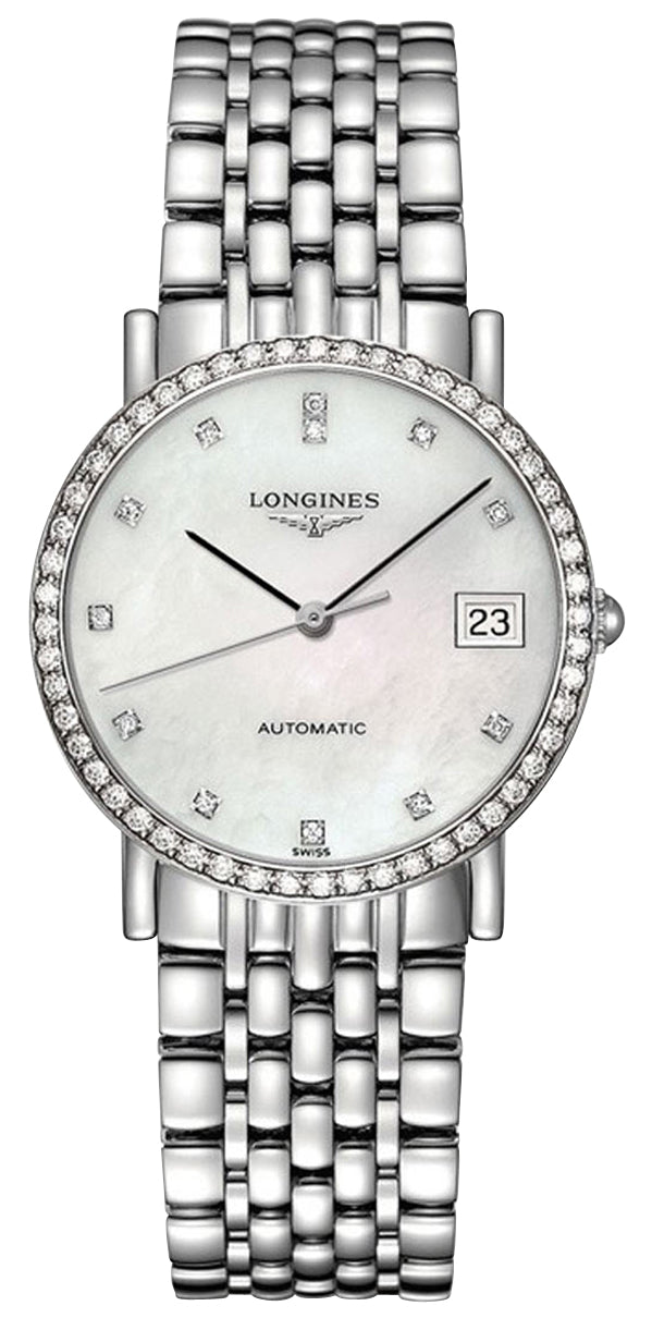 Longines Elegant Automatic Stainless Steel Mother-Of-Pearl Dial Diamonds Date Womens Watch L4.809.0.87.6 Sale