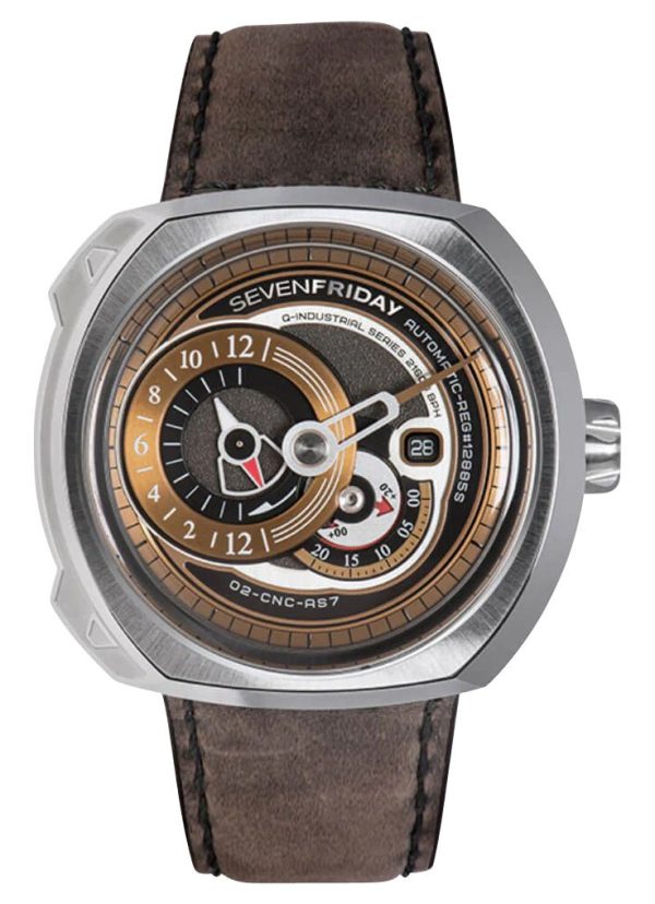 SEVENFRIDAY Q-Series Automatic Stainless Steel Gold Dial Brown Leather Strap Date Mens Watch Q2 02 Online