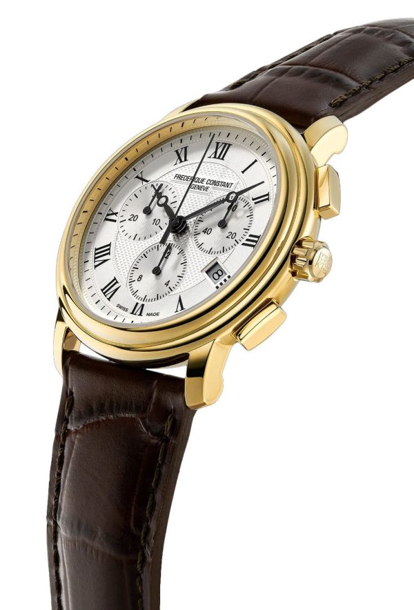 Frederique Constant Persuasion Classics Chronograph Yellow Gold Plated Steel Silver Dial Brown Leather Strap Date Quartz Mens Watch FC-292MC4P5 For Cheap