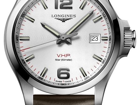 Longines Conquest V.H.P. Stainless Steel Silver Dial Brown Leather Strap Date Quartz Mens Watch L3.726.4.76.4 on Sale