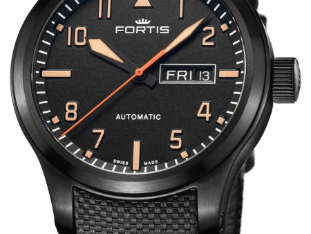 Fortis Aeromaster Stealth Automatic Black PVD Black Dial Black Textile Strap Day Date Divers Mens Watch F4020007 For Cheap