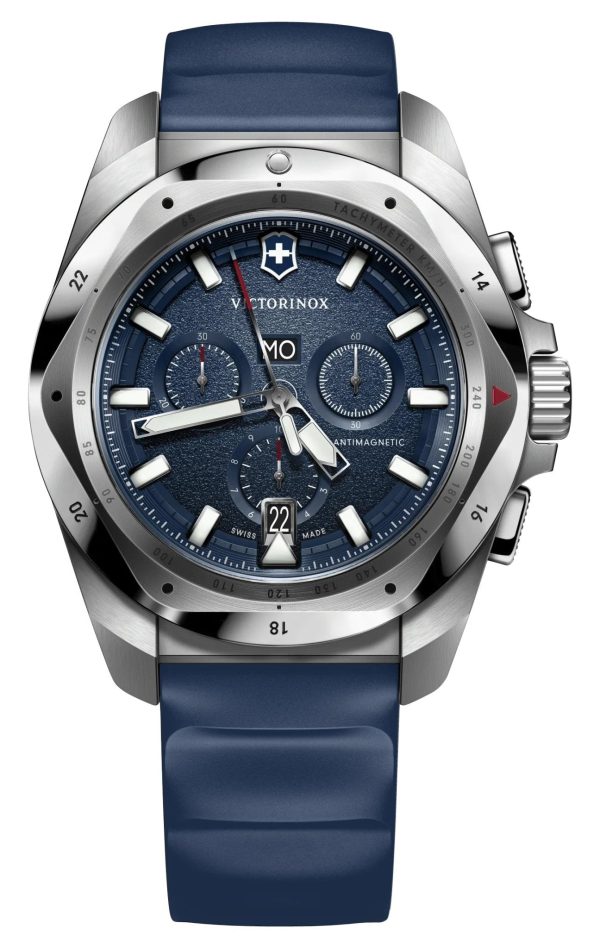 Victorinox Swiss Army I.N.O.X. Chronograph Stainless Steel Blue Dial Blue Rubber Strap Day Date Divers Quartz Mens Watch 241984 Hot on Sale