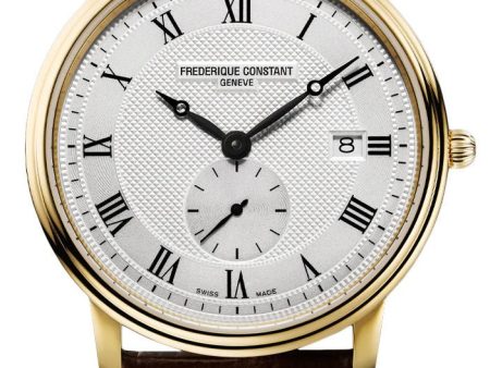 Frederique Constant Slimline Small Seconds Yellow Gold Plated Steel Silver Dial Brown Leather Strap Date Quartz Mens Watch FC-245M4S5 Online Sale