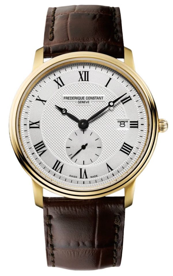 Frederique Constant Slimline Small Seconds Yellow Gold Plated Steel Silver Dial Brown Leather Strap Date Quartz Mens Watch FC-245M4S5 Online Sale