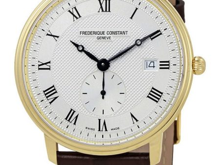 Frederique Constant Slimline Silver Dial Gold Tone Steel Brown Leather Strap Quartz Mens Watch FC-245M5S5 on Sale