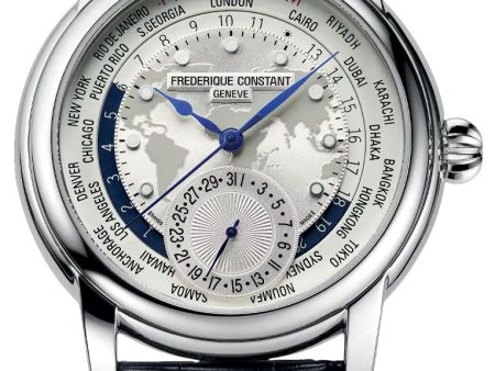 Frederique Constant Classics Worldtimer Manufacture GMT Automatic Stainless Steel Silver Dial Blue Leather Strap Date Mens Watch FC-718WM4H6 Online Sale