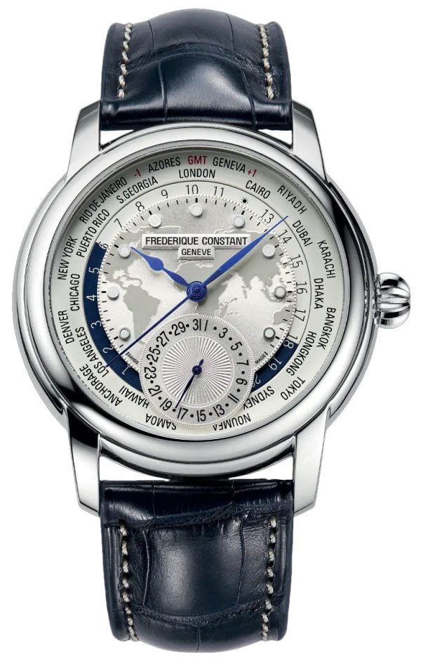 Frederique Constant Classics Worldtimer Manufacture GMT Automatic Stainless Steel Silver Dial Blue Leather Strap Date Mens Watch FC-718WM4H6 Online Sale