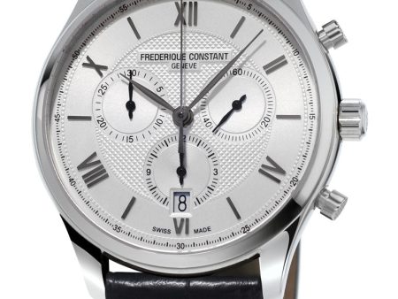 Frederique Constant Classics Chronograph Silver Dial Black Leather Strap Quartz Mens Watch FC-292MS5B6 For Sale