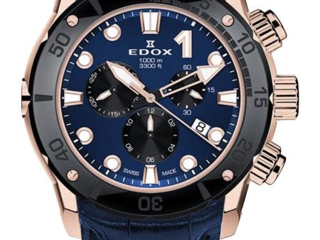 Edox CO-1 Chronograph Rose Gold PVD Titanium Blue Dial Blue Leather Strap Date Divers Quartz Mens Watch 10242-TINR-BUIRN Sale