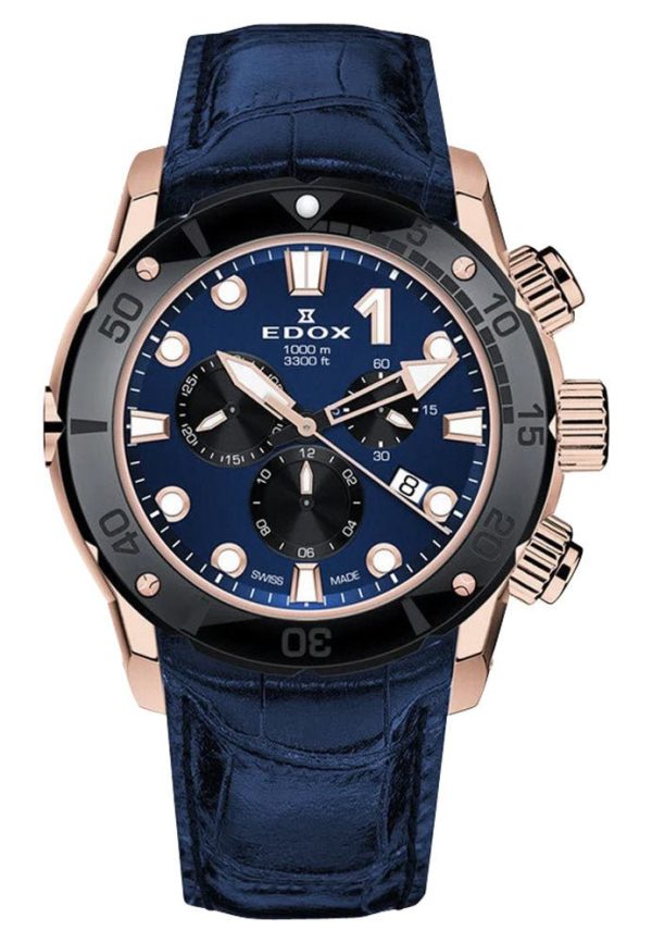 Edox CO-1 Chronograph Rose Gold PVD Titanium Blue Dial Blue Leather Strap Date Divers Quartz Mens Watch 10242-TINR-BUIRN Sale