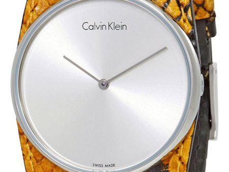 Calvin Klein Spellbound Yellow and Black Leather Silver Dial Quartz Womens Watch K2E23626 Online Hot Sale