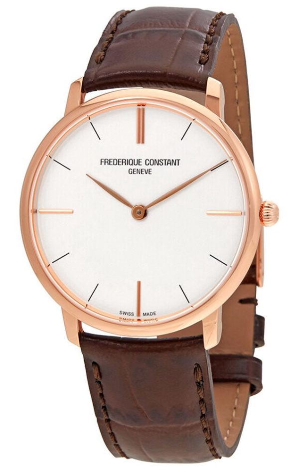 Frederique Constant Slimline Rose Gold-Tone Stainless Steel Silver Dial Brown Leather Strap Quartz Mens Watch FC-200V5S34 Sale