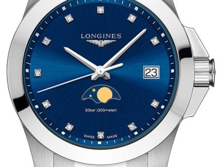 Longines Conquest Stainless Steel Blue Dial Diamonds Date Moonphase Quartz Womens Watch L3.381.4.97.6 Online