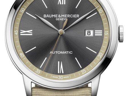 Baume & Mercier Classima Automatic Stainless Steel Gray Dial Beige Textile Strap Date Mens Watch M0A10695 Online Sale