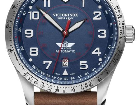 Victorinox Swiss Army Airboss Mechanical Automatic Stainless Steel Blue Dial Brown Leather Strap Date Mens Watch 241887 Hot on Sale