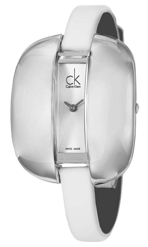 Calvin Klein Treasure White Leather Band Silver Dial Quartz Womens Watch K2E23126 Sale