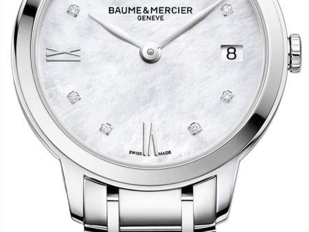 Baume & Mercier Classima Stainless Steel Mother-of-Pearl Dial Diamonds Date Quartz Womens Watch MOA10326 Hot on Sale