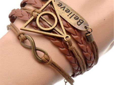 AmazingOS® Handmade Brown Leather Infinity Bracelet Deathly Hallows Charm Fashion on Sale