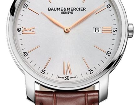 Baume & Mercier Classima Stainless Steel Silver Dial Brown Leather Strap Date Quartz Mens Watch MOA10144 Discount