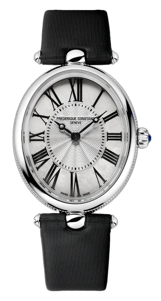 Frederique Constant Classics Art Deco Stainless Steel Oval Case Mother-of-Pearl Dial Black Satin Strap Quartz Womens Watch FC-200MPW2V6 For Sale