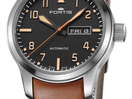 Fortis Aeromaster Automatic Stainless Steel Black Dial Brown Leather Strap Day Date Divers Mens Watch F4020009 For Discount