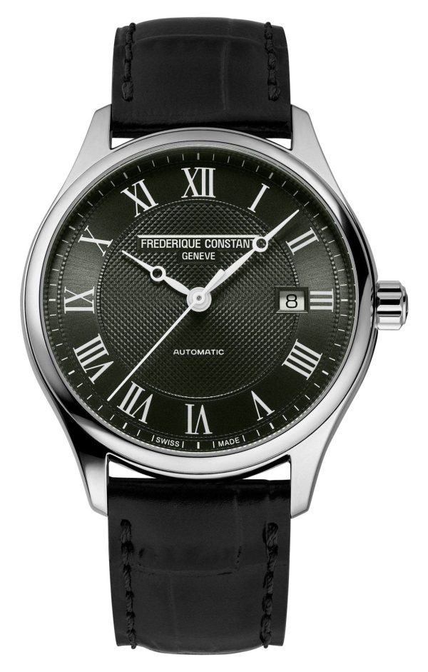 Frederique Constant Classics Automatic Stainless Steel Khaki Green Dial Black Leather Strap Date Mens Watch FC-303MCK5B6 Online Sale