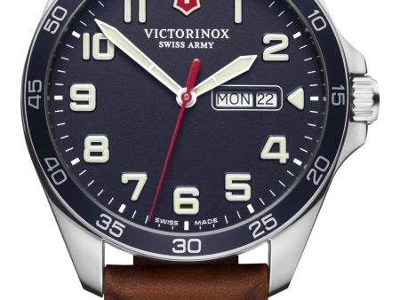 Victorinox Swiss Army Fieldforce Stainless Steel Blue Dial Brown Leather Strap Day Date Quartz Mens Watch 241848 For Sale