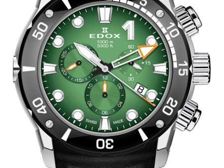 Edox CO-1 Chronograph Titanium Green Dial Black Leather Strap Date Divers Quartz Mens Watch 10242-TIN-VIN Online now