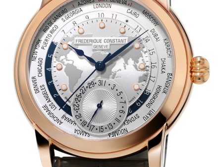 Frederique Constant Classic Worldtimer Manufacture Rose Gold Tone Steel Automatic Silver Dial Brown Leather Strap Mens Watch FC-718WM4H4 on Sale