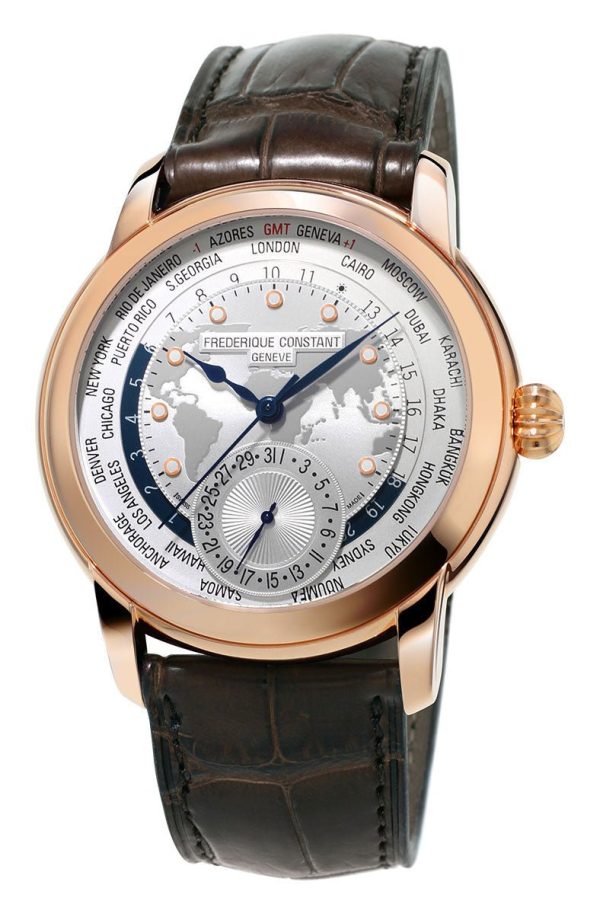 Frederique Constant Classic Worldtimer Manufacture Rose Gold Tone Steel Automatic Silver Dial Brown Leather Strap Mens Watch FC-718WM4H4 on Sale