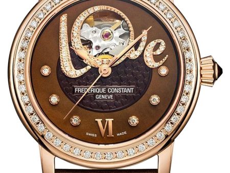 Frederique Constant Love Heart Beat Automatic Rose Gold Plated Steel Brown Dial Brown Satin Strap Diamonds Womens Watch FC-310CLHB2PD4 For Discount