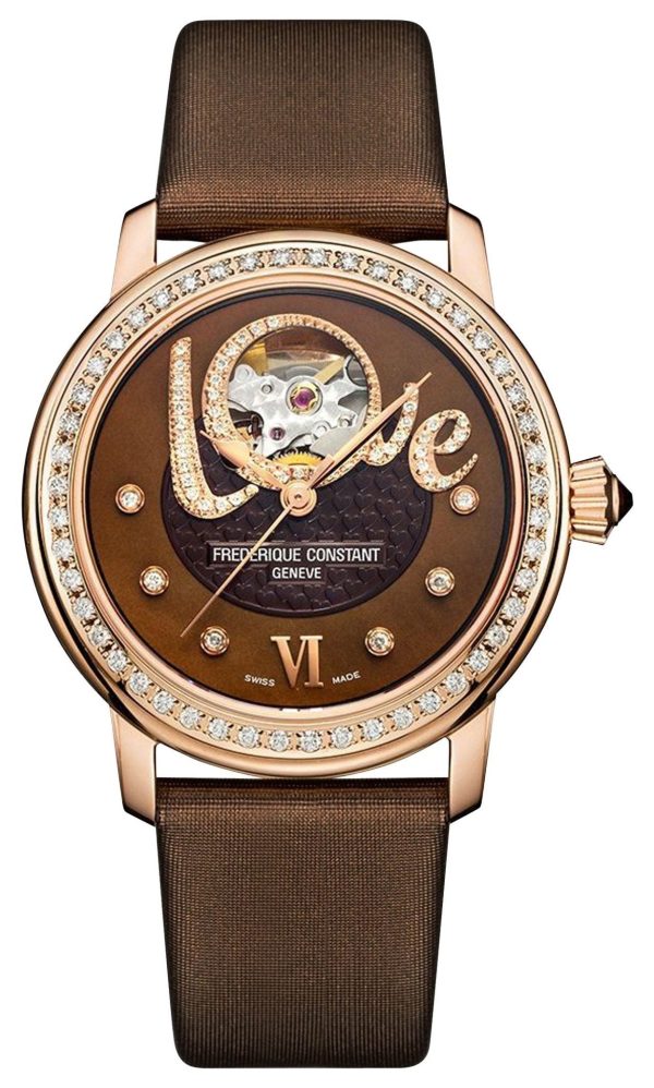 Frederique Constant Love Heart Beat Automatic Rose Gold Plated Steel Brown Dial Brown Satin Strap Diamonds Womens Watch FC-310CLHB2PD4 For Discount