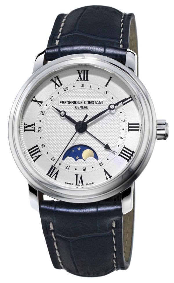 Frederique Constant Classics Moonphase Automatic Stainless Steel Silver-Tone Dial Blue Leather Strap Date Mens Watch FC-330MC4P6 Online Hot Sale