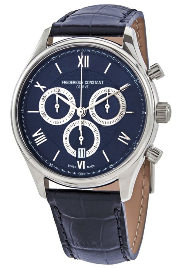 Frederique Constant Classics Chronograph Stainless Steel Blue Dial Blue Leather Strap Date Quartz Mens Watch FC-292MNS5B6 Hot on Sale