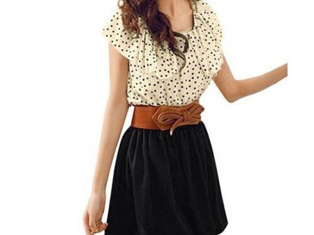 Allegra K Women Dots Print Flouncing Patchwork Dress W Waist Belt Fashion